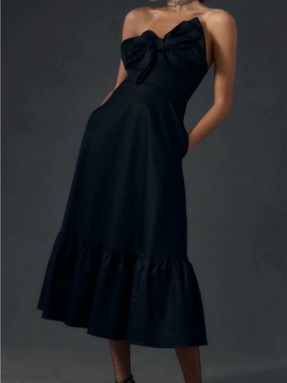 Hutch Strapless Black Midi Dress with Bow Detail